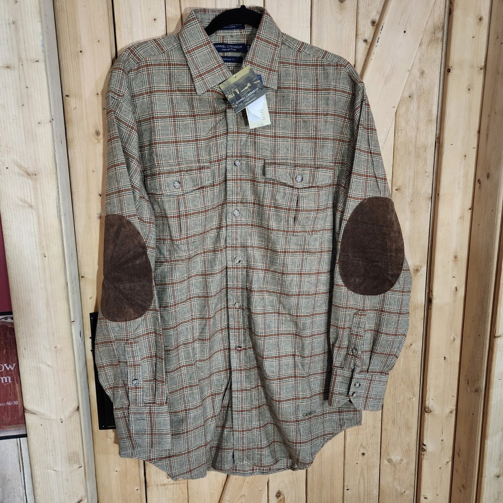 NWT Daniel Cremieux Collection Normandy Plaid Shirt Suede Elbow Patch Mens M
